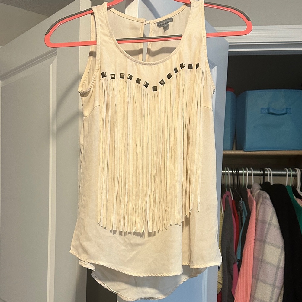 Charlotte Russe Cream Fringe Studded Tank Top
